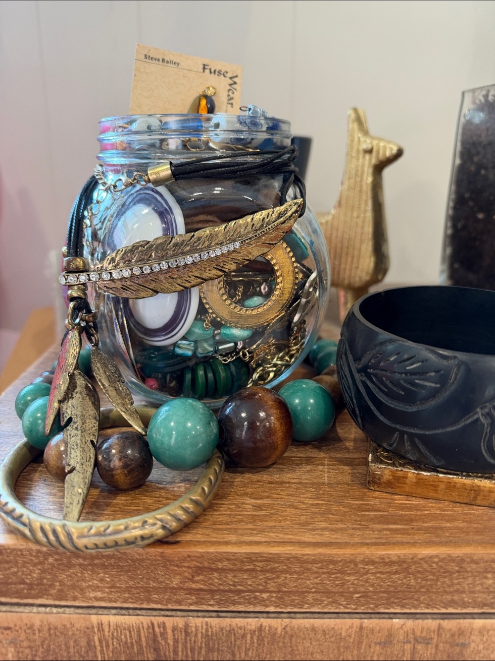 Moody golden turquoise green and blue mystery jewelry jar